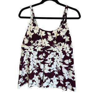 Kona Sol Tankini Top Womens Burgundy White Size 14W Floral Print Sleeveless Swim